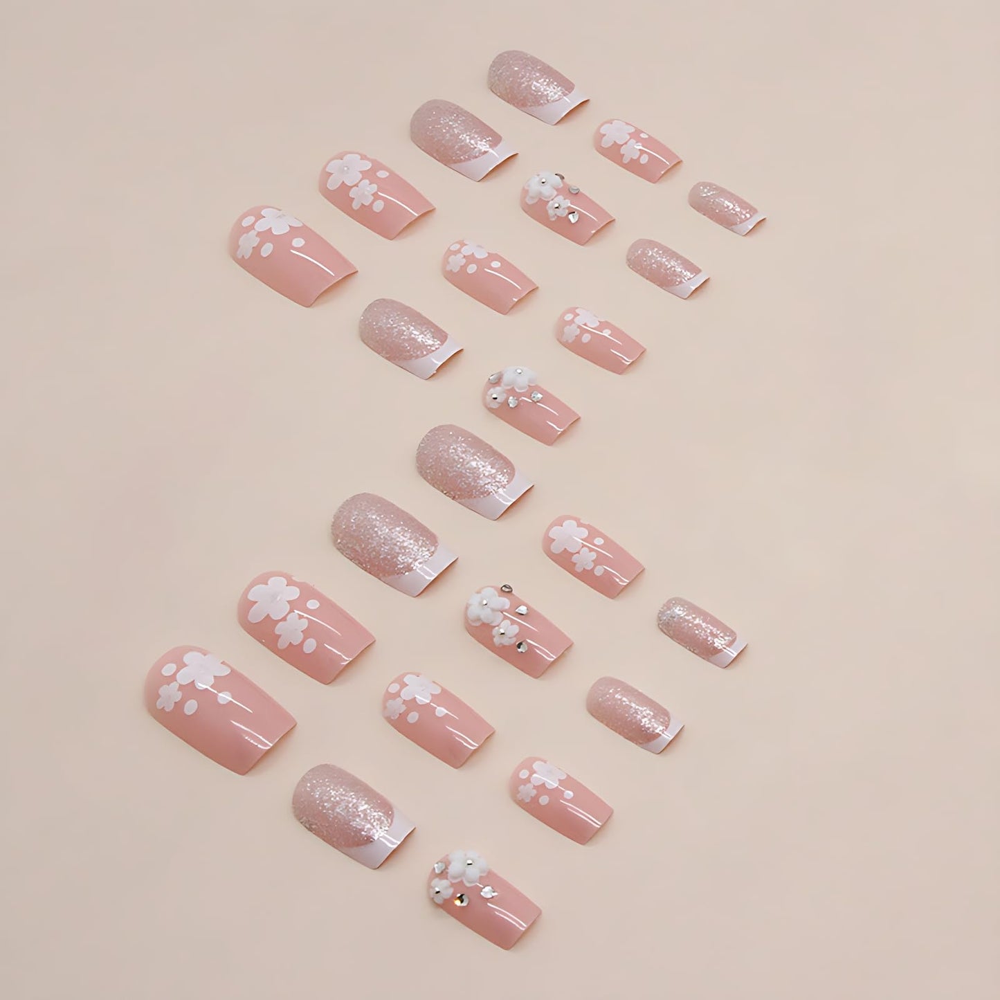 Pink Press on Nails Medium French Tip Press on Nails Square 5D Flower Fake Nails with Artificial Glue Nails Stick on Nails in 24Pcs Medium Square French Nails