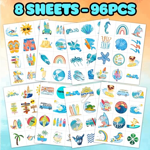 96-Piece Surf Temporary Tattoos Stickers - 1st Birthday Party Favors