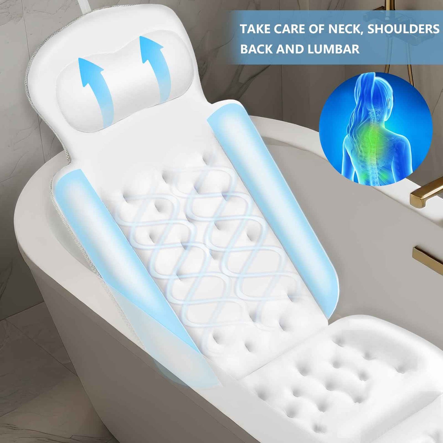 Full Body Bath Pillow, Luxury Bath Cushion with 192 Suction Cups, Bath Pillows for Tub for Head and Neck Support, with Laundry Bag White, 51" x 16"