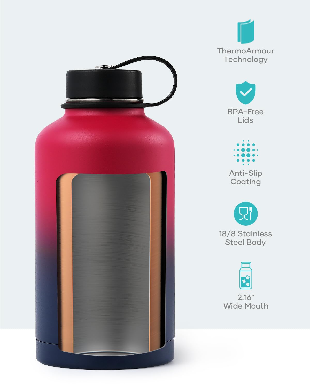 BUZIO 64oz Insulated Water Bottle Stainless Steel Double Wall Leak Proof Half Gallon with Straw Lid and Flex Cap (Cold for 48 Hrs) Sports Flask Metal Travel Mug for Hiking Cycling, Ruby Red Navy