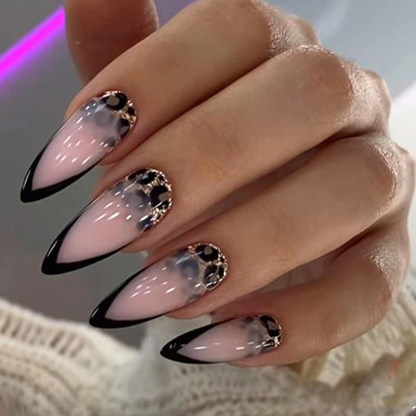 MISUD Press on Nails Medium Almond Fake Nails Glossy Glue on Nails Black French Tip Acrylic Nails Stiletto Leopard Artificial Nails Bling Gold Glitter Stick on False Nails with Design 24 pcs