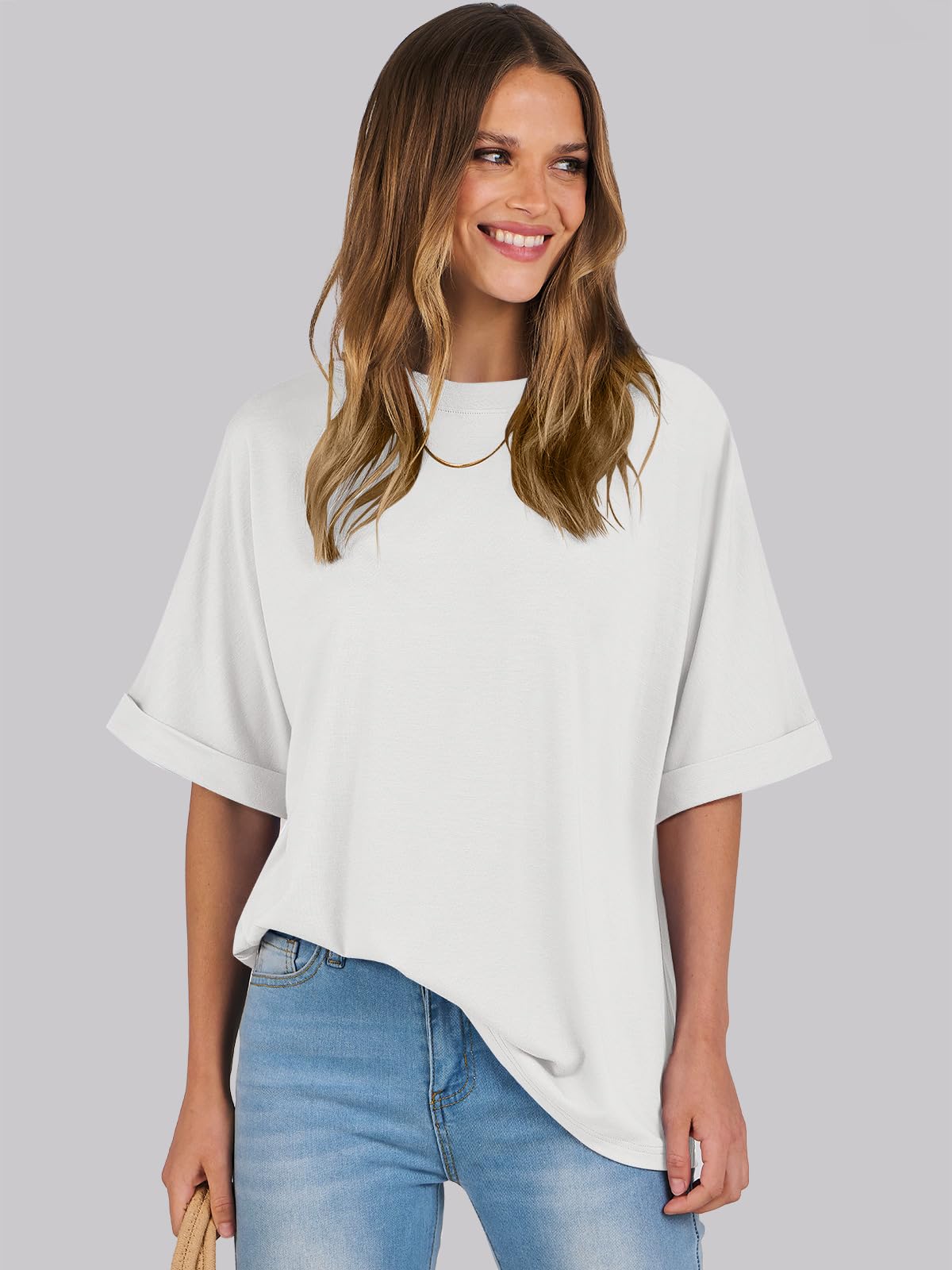 ANRABESS Women's Oversized T Shirts Short Sleeve Crewneck Summer Tops Casual Loose Basic Tee Shirts 2024 Trendy Clothes White Small