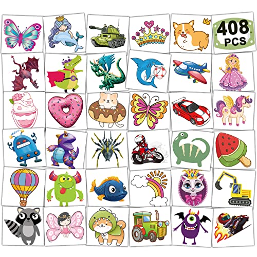 408 PCS Individually Wrapped Temporary Tattoos for Kids - Mixed Tattoos for Kids Birthday Party Favors Goodie Bag Fillers