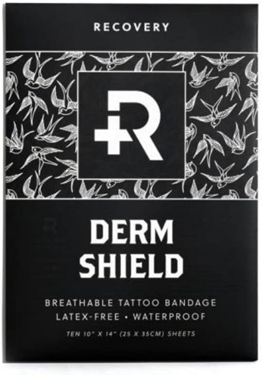 Recovery Derm Shield Tattoo Aftercare Bandages - Transparent, Waterproof Adhesive Bandages - 25.4 x 35.56 cm, 10 Pack