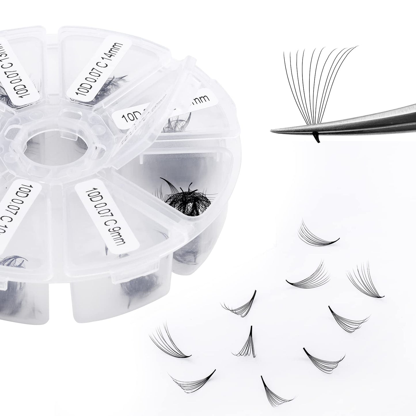 Volume Lash Extensions 10D Premade Fans Eyelash Extensions 500 PCS 0.07mm Thickness 9-16mm Mixed C/D Curl Short Stem Premade Volume Eyelash Extensions Pointed Base Fans by WENDY LASHES (500PCS-10D-0.07-C, 9-16mm Mixed Tray)