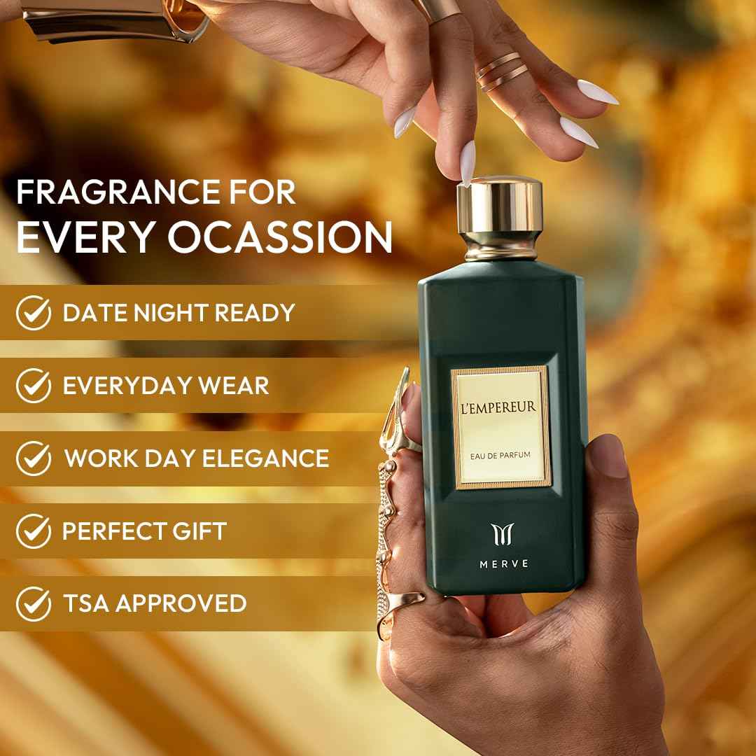 Merve L’Empereur Premium Long Lasting Fragrance Luxury Scent For Unisex | Citrus, Gourmand, Woody | Last All Day | 3.4 Ounces