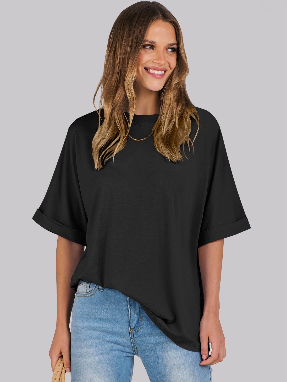 ANRABESS Women's Oversized T Shirts Short Sleeve Crewneck Summer Tops Casual Loose Basic Tee Shirts 2024 Trendy Clothes Black Small