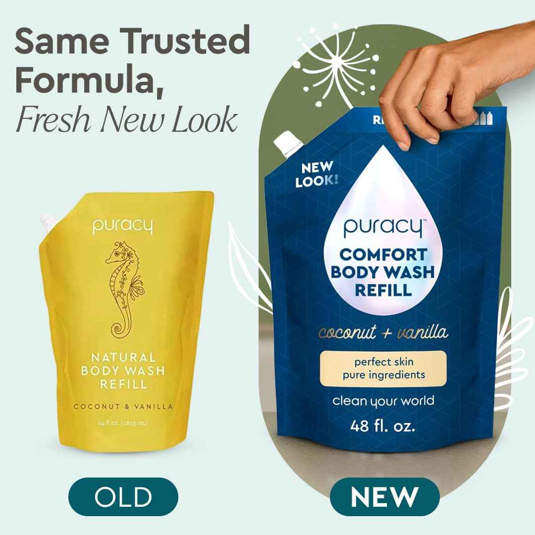 Puracy Body Wash Refill, Natural Body Wash, 98.6% Pure Plant Ingredients, Moisturizing Shower Gel for Women Men Kids, Body Soap for Dry Sensitive Skin. Gently Scented with Coconut & Vanilla, 48 Ounce