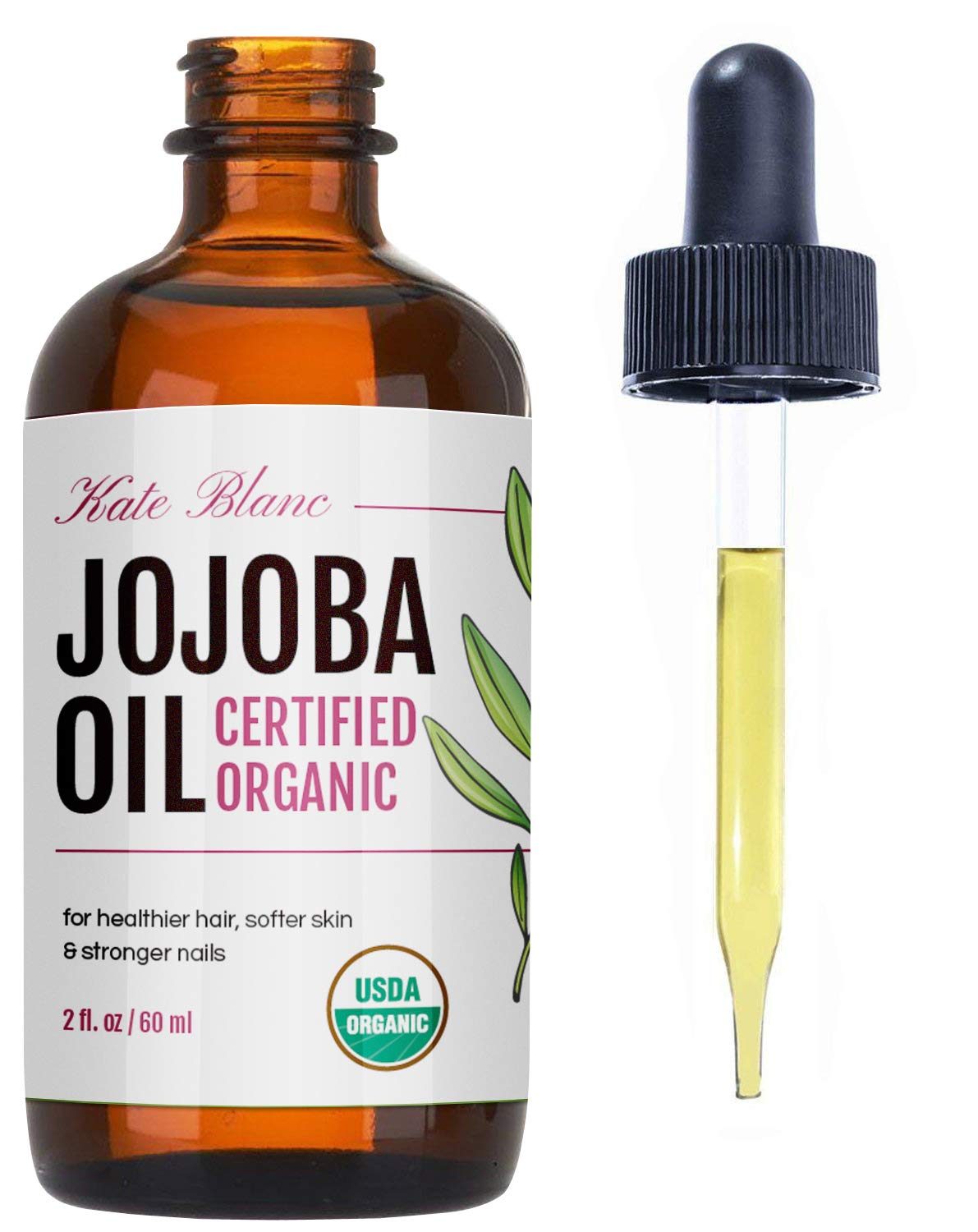 Kate Blanc Cosmetics Jojoba Oil for Hair Growth, Skin & Face (2oz) Facial Oil for Gua Sha Massage. 100% Pure & Natural Hair Oil Moisturize Nails, Ear, Scalps, Cuticles