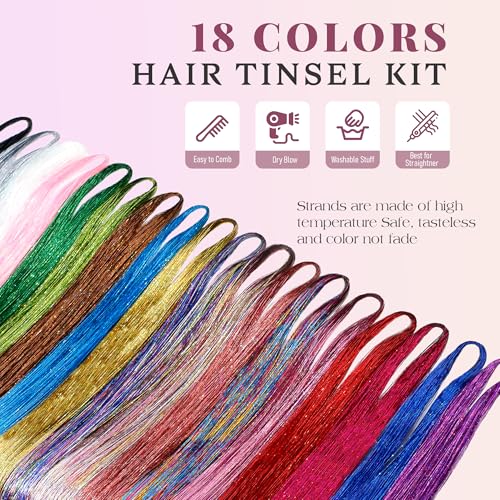 Hair Tinsel Kit 18 Colors 8600 Strands with Tools