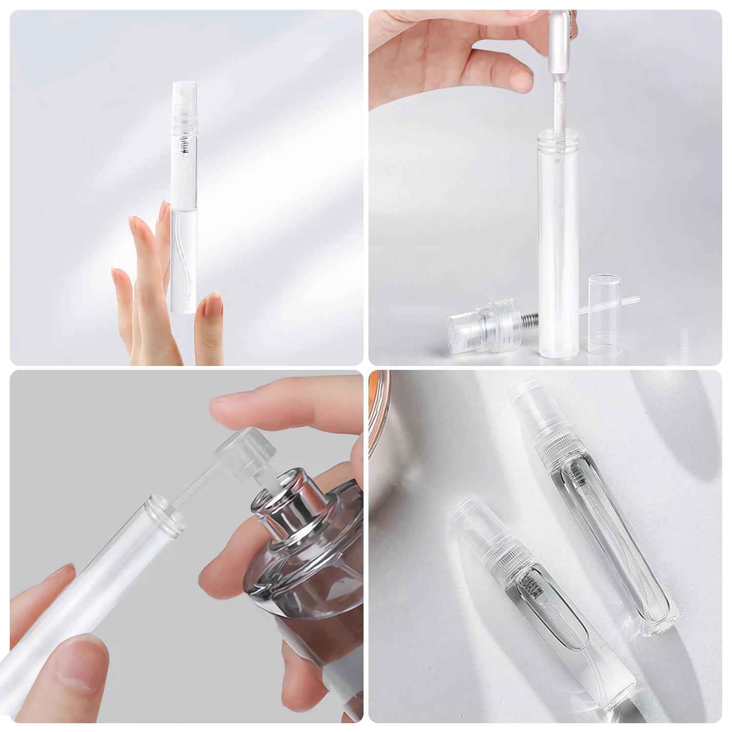 uadbau Mini Spray Bottle, 5 Pcs 10ml Perfume Bottle Empty with 3 Pcs Transfer Pipettes, Fine Mist Refillable Perfume Atomizer, Small Empty Sample Containers, Plastic Portable Travel Bottle - Clear