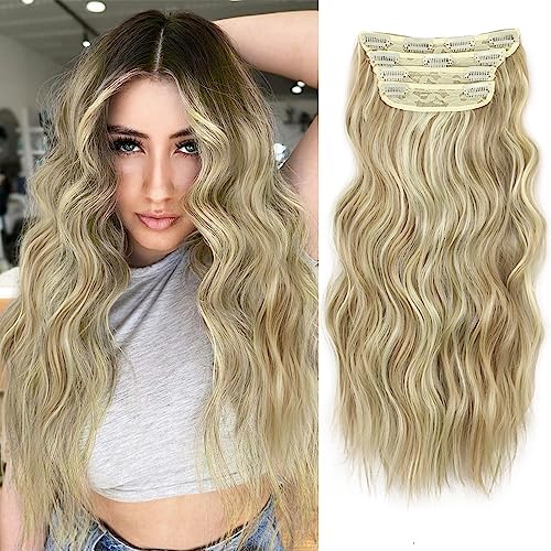 QGZ Clip in Long Wavy Hair Extensions Synthetic 4PCS Thick Hairpieces for Women 20 Inch Long Fiber Hair Extension for Daily Party Use (Ash Blonde mixed Platinum Blonde) …