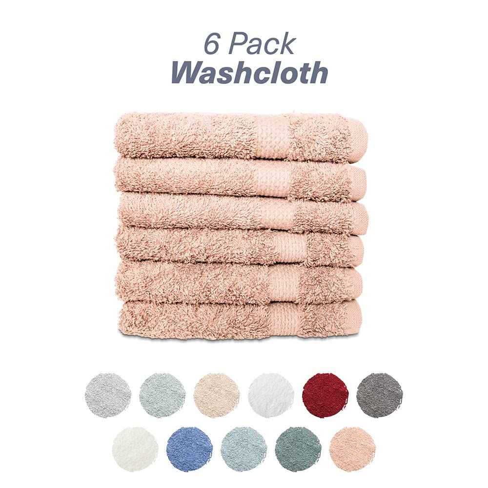 Hencely Premium 6-Pack Washcloths 12x12 Inches Soft Turkish Cotton High Absorbent and Quick Dry Dishtowel for Kitchen and Bath (Wash Cloth 6 Pack, Peach)