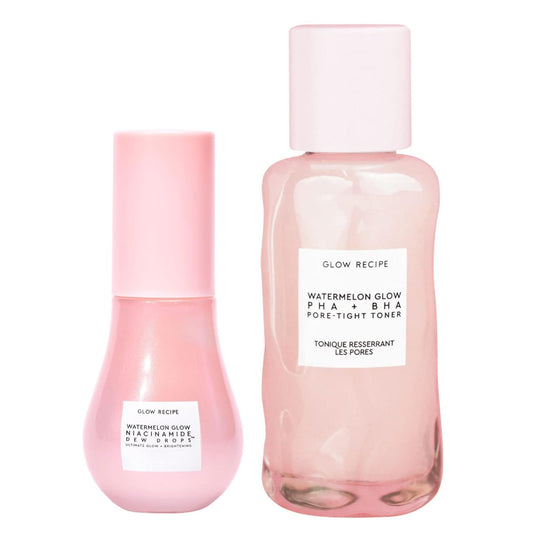 Glow Recipe Mini Niacinamide Dew Drops Facial Serum & Illuminating Makeup Primer (15 ml) + Mini Watermelon Glow PHA + BHA Facial Toner & Pore Minimizer with Hyaluronic Acid (40 ml)