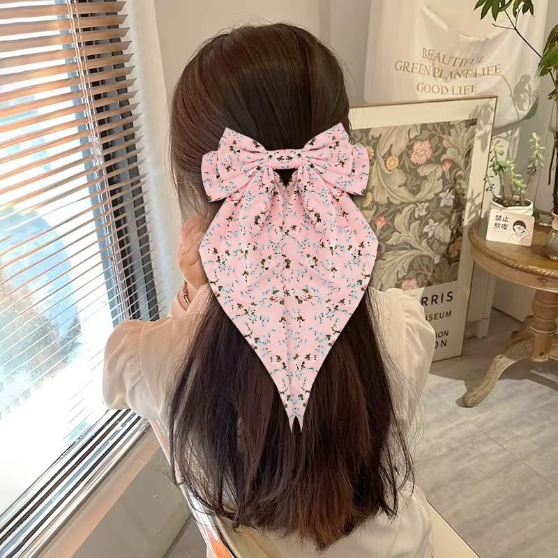 Ancnoz Pink Bow Hair Clip with Long Tassel for Women Girls, Large Bow-Knot Hairclip Hair Slide, Silky Satin Flower Pattern, French Barrette Hairpin Hair Ribbons Clips