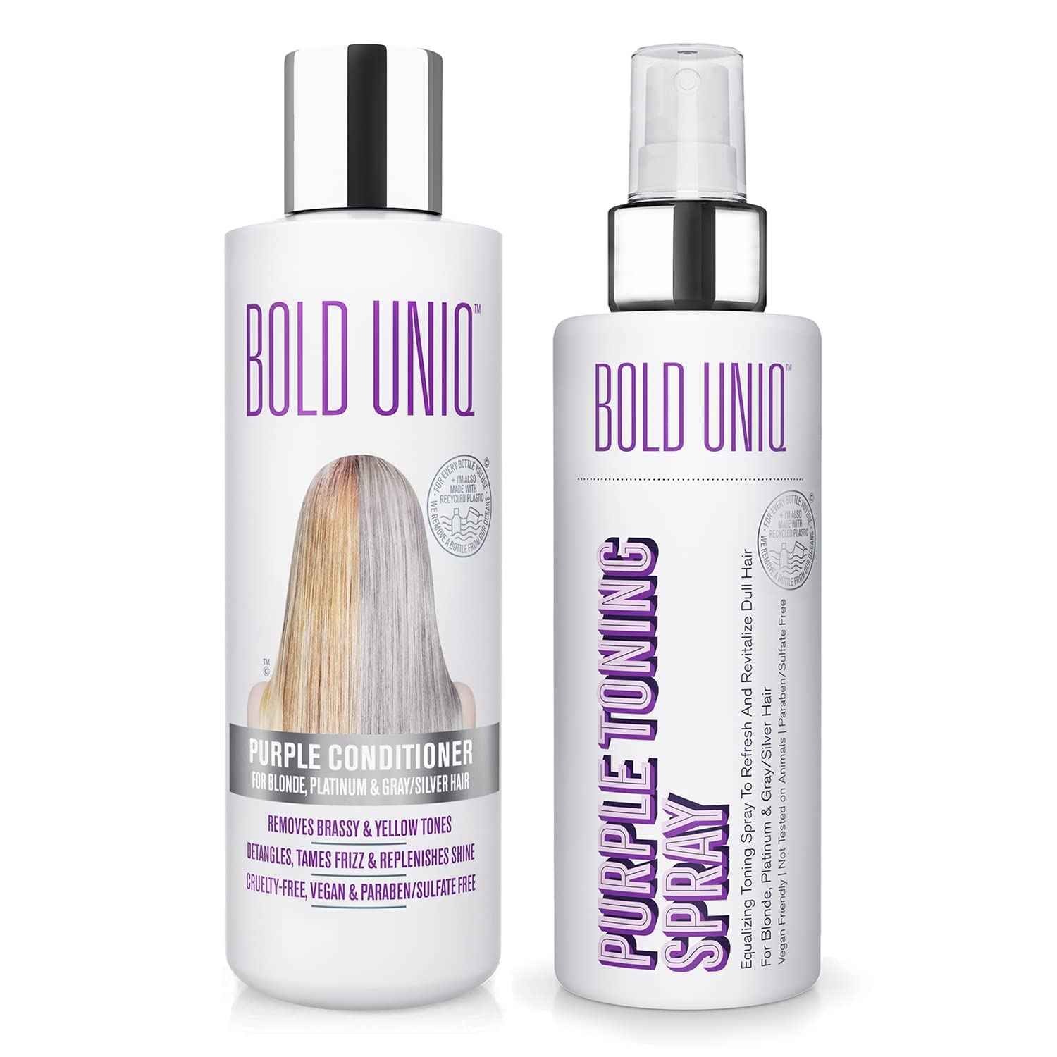 BOLD UNIQ Purple Conditioner & Blonde toner Spray Bundle. for Blonde, Platinum & Gray/Silver Hair. Remove Brassy Yellow tones. Paraben & Sulfate Free. Vegan & Cruelty Free.