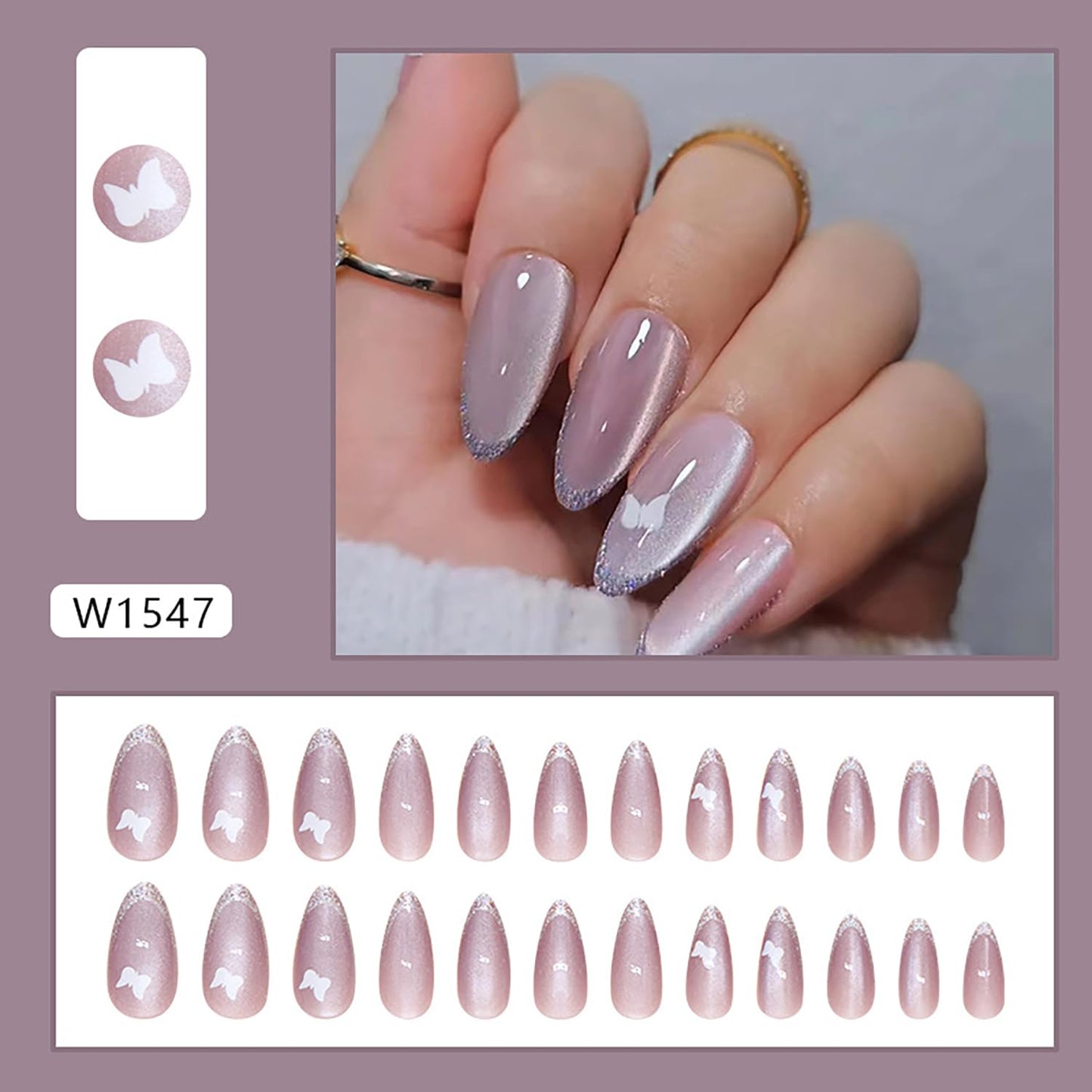 Cat Press on Nails Medium Almond Fake Nails Glitter Acrylic Nails Cute Butterfly False Nails French Tip Nails Full Cover Glue on Nails Reusable Artificial Nails for Women Girls DIY Manicure