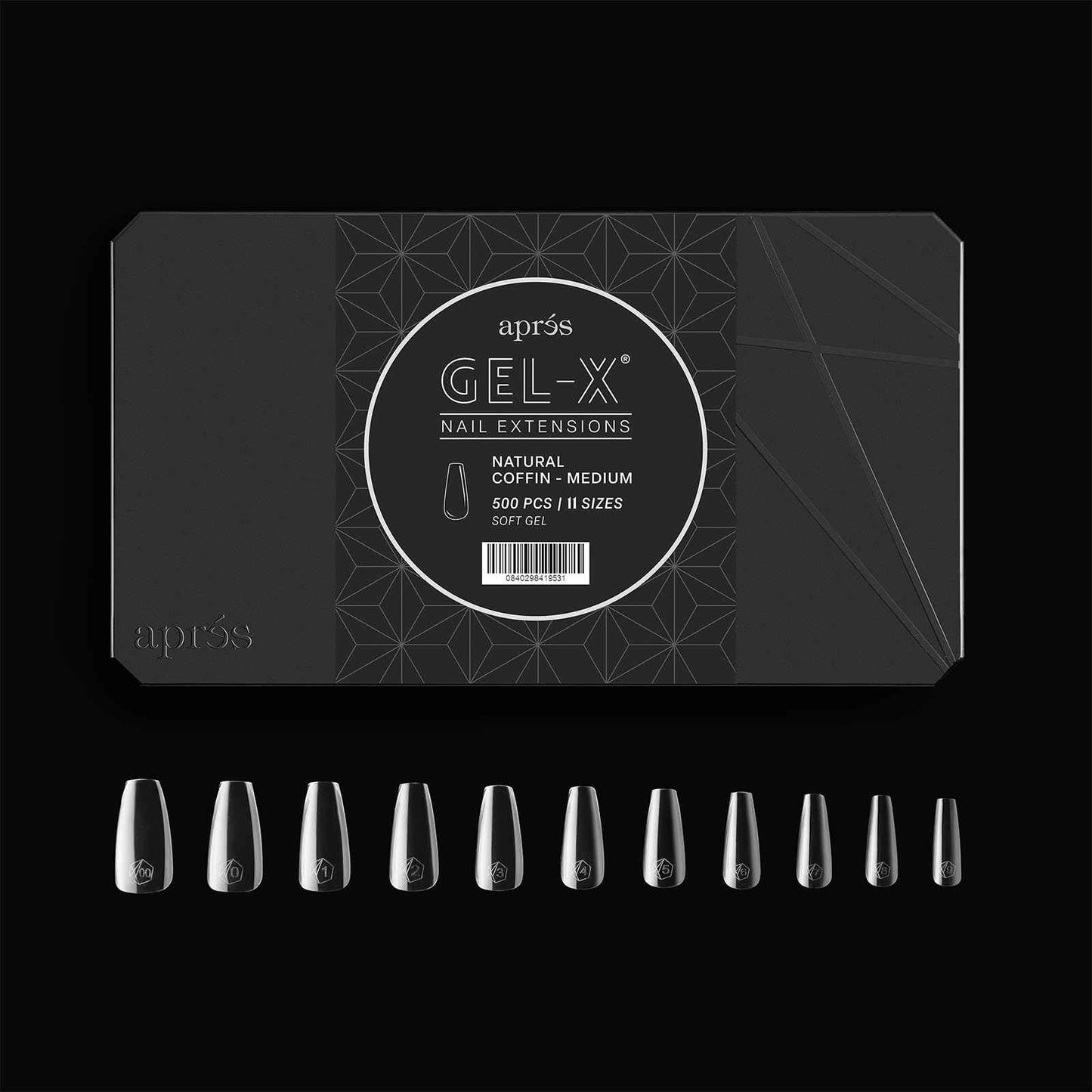 Apres Gel-X® Natural Coffin Medium Tip Box | 500pc Gel-X Tips, 11 Sizes 00-9, Premium Quality