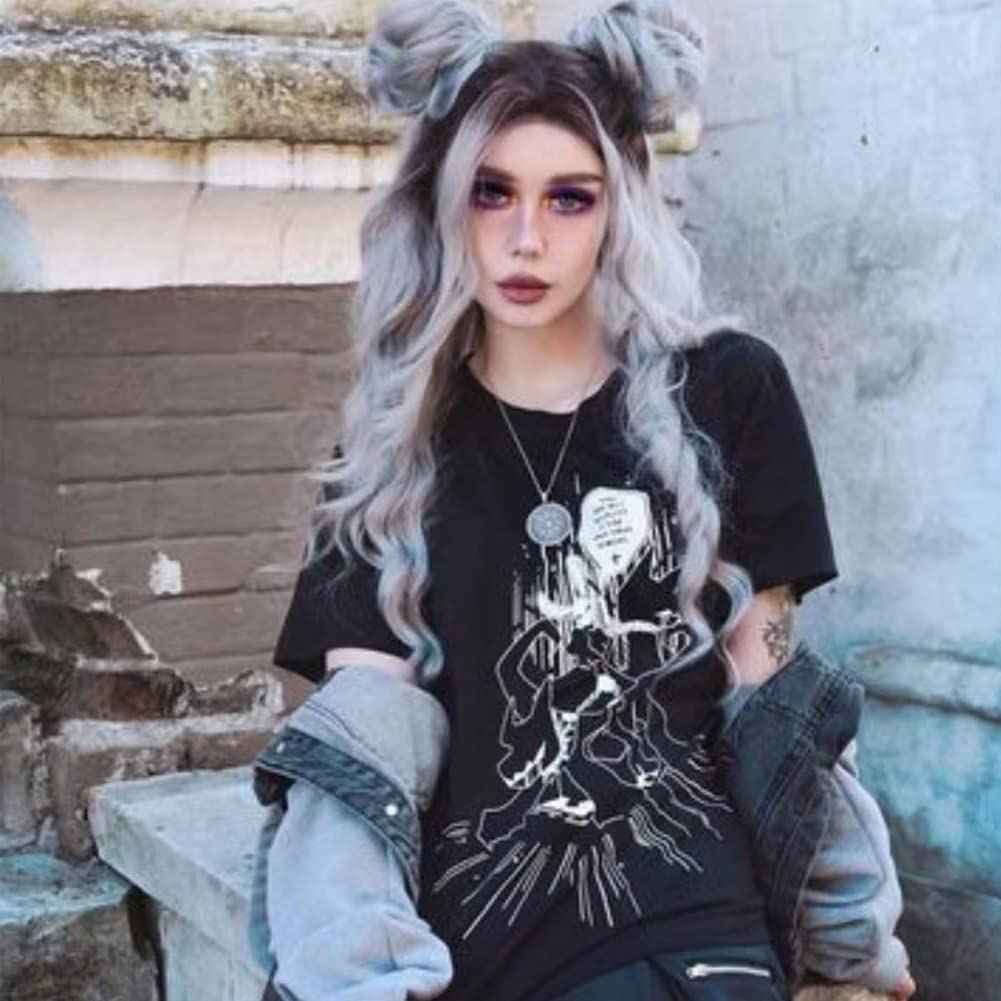 Kalisa Long Wavy Ombre Black to Grey Lace Front Wig Middle Part Body Wavy Silver Grey Synthetic Wig Heat Resistant Fiber Makeup Wig for Women 24 Inches