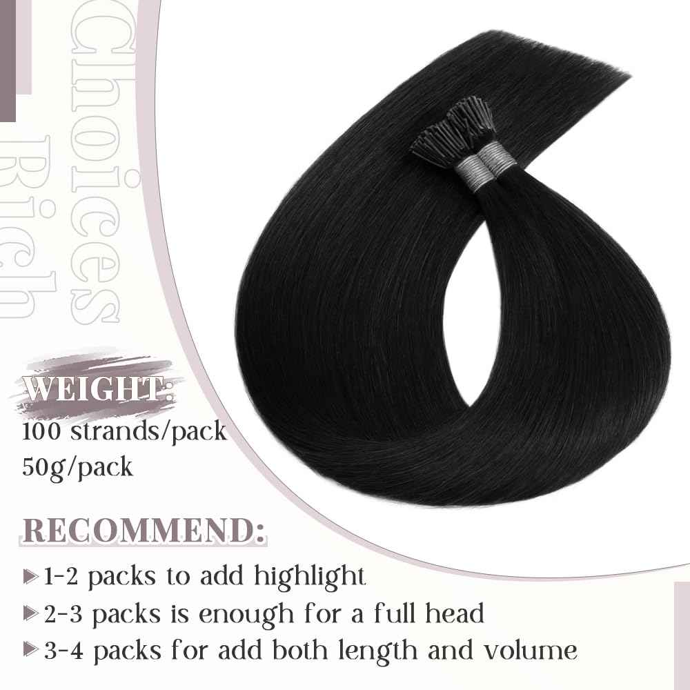 Rich Choices I Tip Hair Extensions Human Hair,100 Strands 0.5g/Strands,100% Real Remy Human Hair Extension Pre Bonded Keratin Stick In Hair Extensions Hair Piece For Women 18 Inch #1 Jet Black