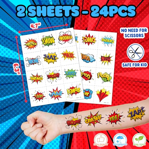Superhero Party Favors Set - 24 Tattoos & 12 Stamps