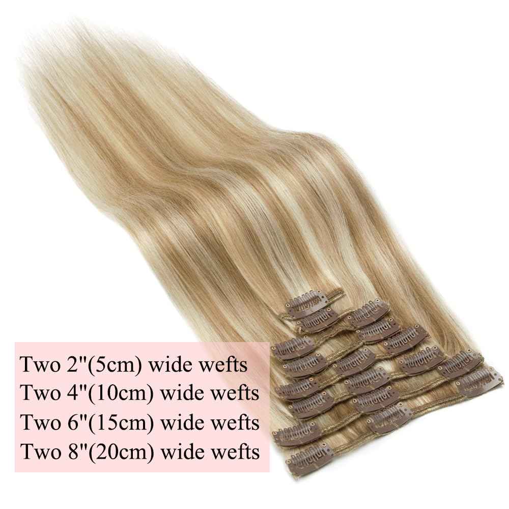 MY-LADY Clip in Hair Extensions Real Human Hair Light Blonde & Golden Blonde 14 Inch 60g Remy Hair 8pcs Weft Balayage Full Head Silky Natural Straight for Women