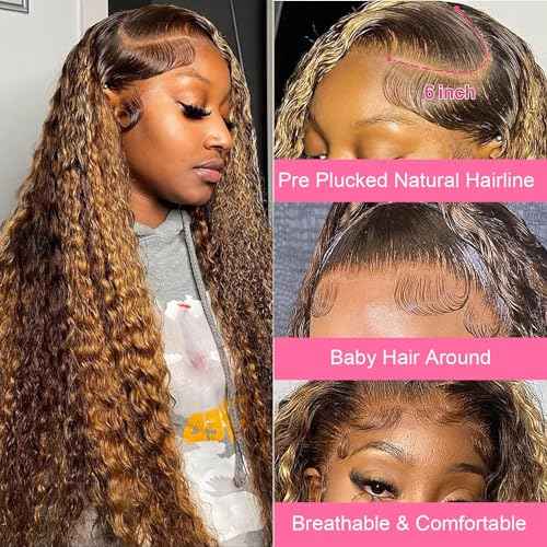 26 Inch 13x6 Deep Wave Lace Front Wigs Human Hair Honey Blonde HD Lace Frontal Wigs Ombre 4/27 Highlight Curly Lace Front Wigs Human Hair Pre Plucked with Baby Hair Water Wave Lace Frontal Wigs