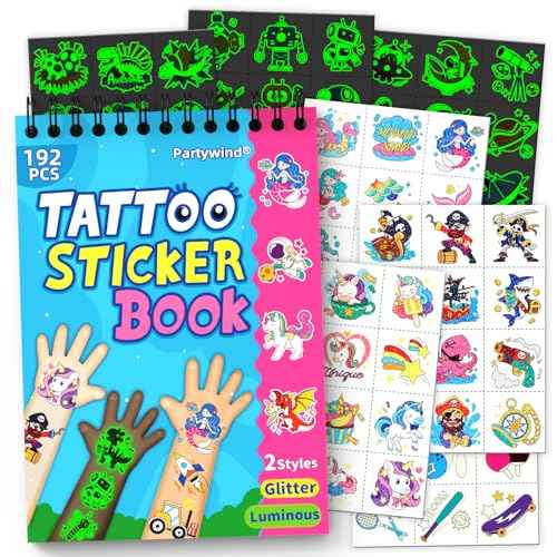 Partywind 192 Styles Glow & Glitter Temporary Tattoos Book for Kids, 16 Themes Kid Temporary Tattoos for Party Favors Classroom Prizes,Tattoos for Kids Birthday Supplies Goodie Bags Stuffer