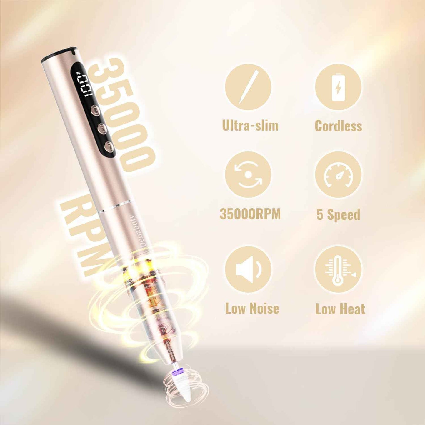 Denabuty Electric Nail Drill Cordless, 35000RPM Portable Electric Nail File with LCD Display and 12 Nail Drill Bits for Acrylic & Gel Nails, Professional Manicure & Pedicure Kit Set Golden