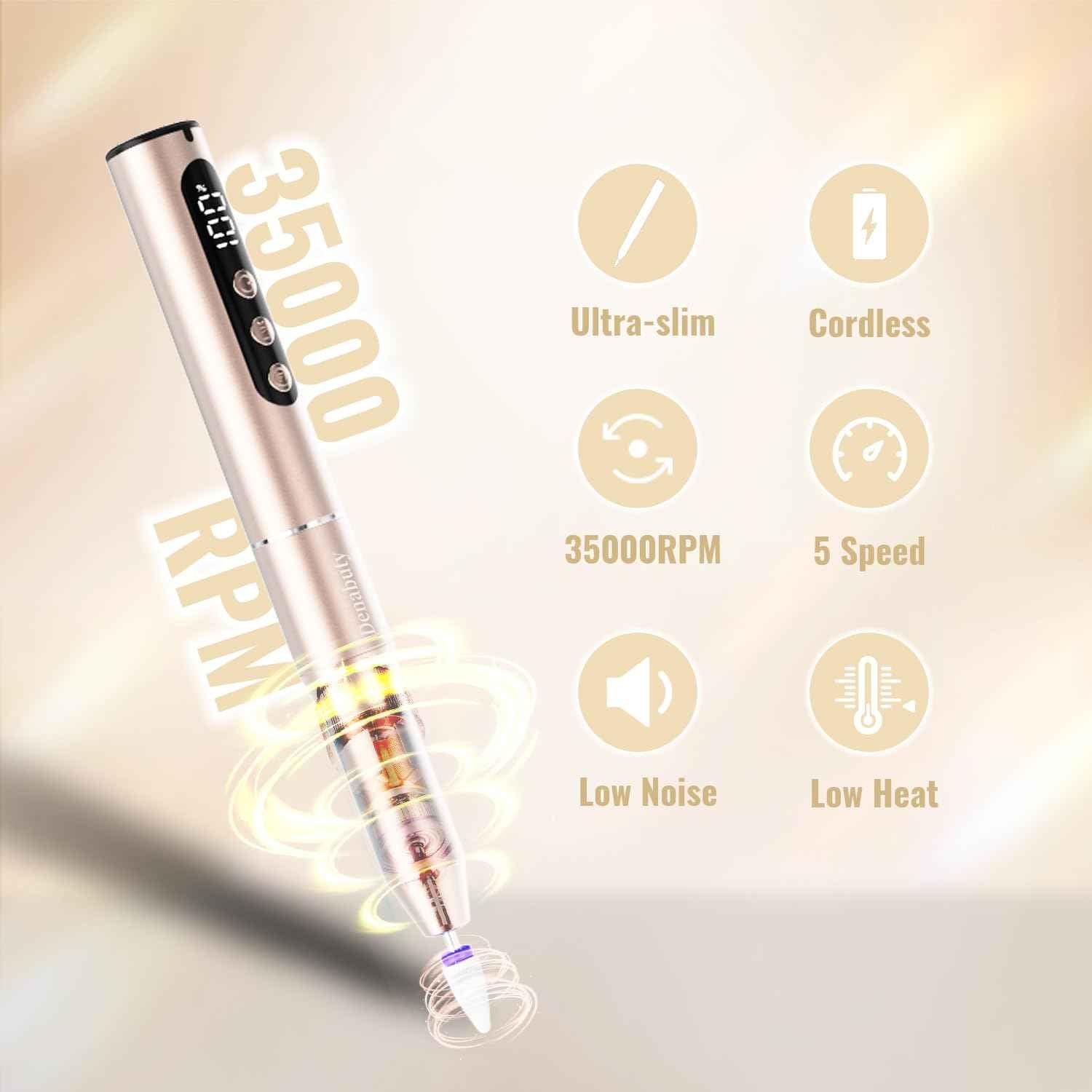 Denabuty Electric Nail Drill Cordless, 35000RPM Portable Electric Nail File with LCD Display and 12 Nail Drill Bits for Acrylic & Gel Nails, Professional Manicure & Pedicure Kit Set Golden