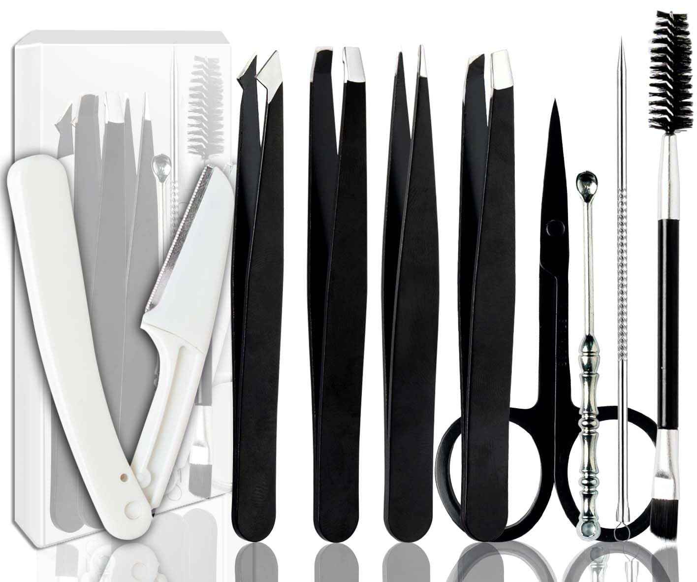 Muzioiernsu Tweezers Kit Tweezer for Women Facial Hair Removal Tweezers Professional Tweezers Set Eyebrow Tweezer, [9+1 PCS] Professional Stainless Steel Eyebrow for Women &Men,Black Beauty Sets