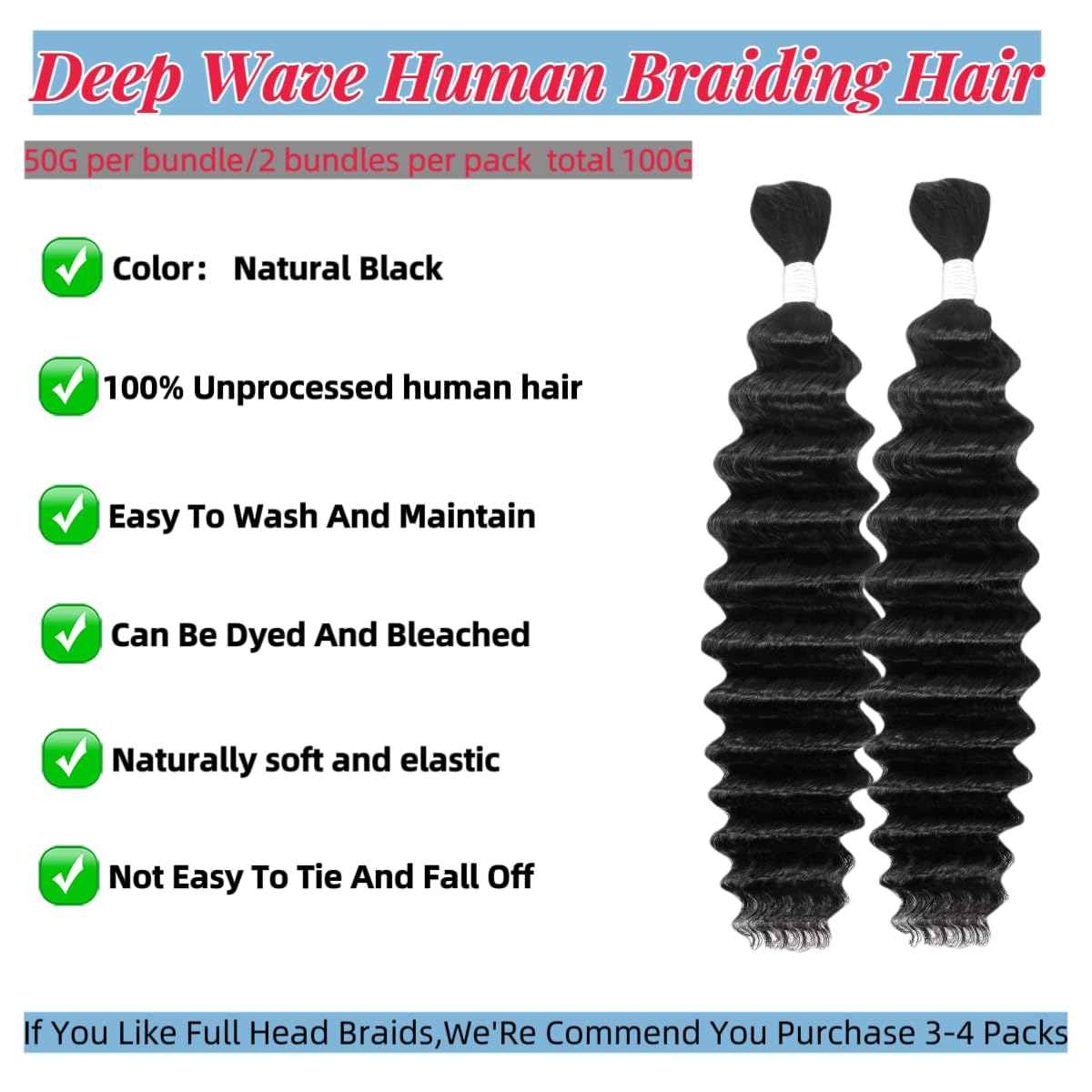 Human Braiding Hair Deep Wave Bulk Human Hair for Braiding Bohemian Knotless 2 Bundles 100g 18Inch No Weft 10A Brazilian Virgin Human Hair Extensions Curly Bulk Human Hair for Boho Braids