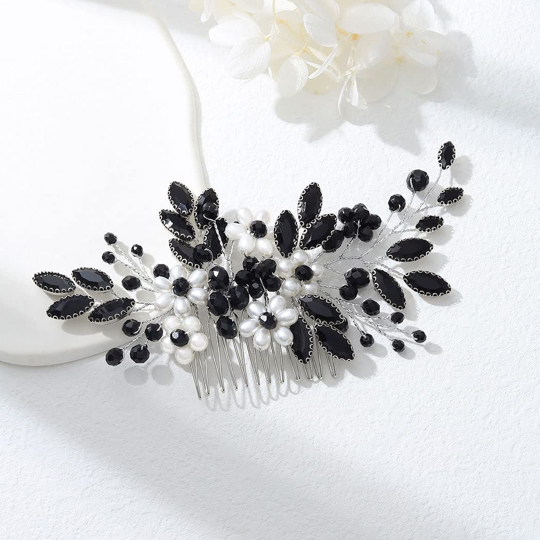 Jeairts Rhinestone Pearl Hair Comb with Floral Headpiece - Crystal Hair Accessories for Brides and Women