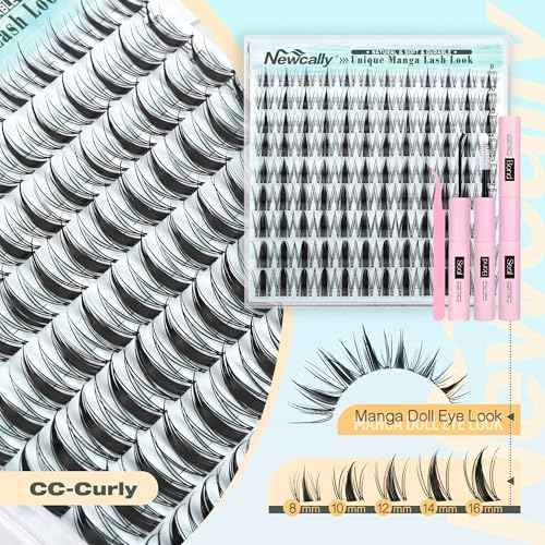 Manga Lash Clusters Kit Anime Lash Extension Kit Spiky Natural Eyelash Clusters Kit CC-curly 8-12MM Eyelash Extension Kit with Clear Lash Band Doll Eye Look by Newcally