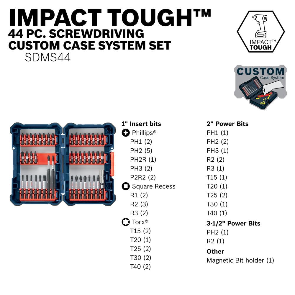 Bosch SDMS44 44-Piece Assorted Impact Tough Screwdriving Custom Case System Set for Screwdriving Applications