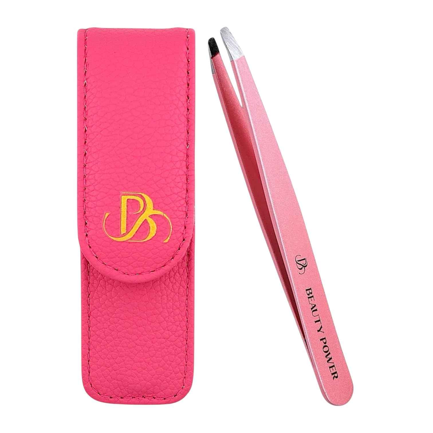 Beauty Power Professional Tweezers in Case - Slant, Durable Lightweight German Stainless Steel, Ultra Precision Tweezers for Eyebrows, Facial Hair, Chin, and Ingrown Hair Removal - Gift (Pink)