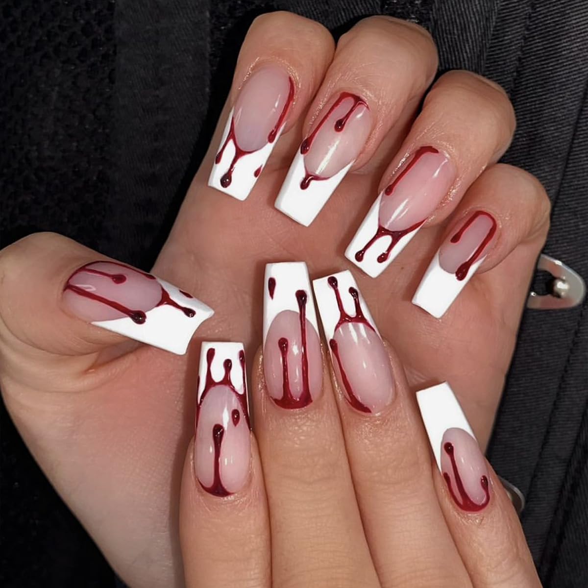 Halloween Press on Nails Long Square Fake Nails White French Tip False Nails Full Cover Coffin Nails Press Ons with Design Red Blood Drops Glue on Nails Acrylic Stick on Nails for Women 24Pcs