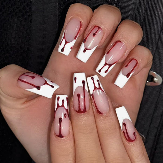 Halloween Press on Nails Long Square Fake Nails White French Tip False Nails Full Cover Coffin Nails Press Ons with Design Red Blood Drops Glue on Nails Acrylic Stick on Nails for Women 24Pcs