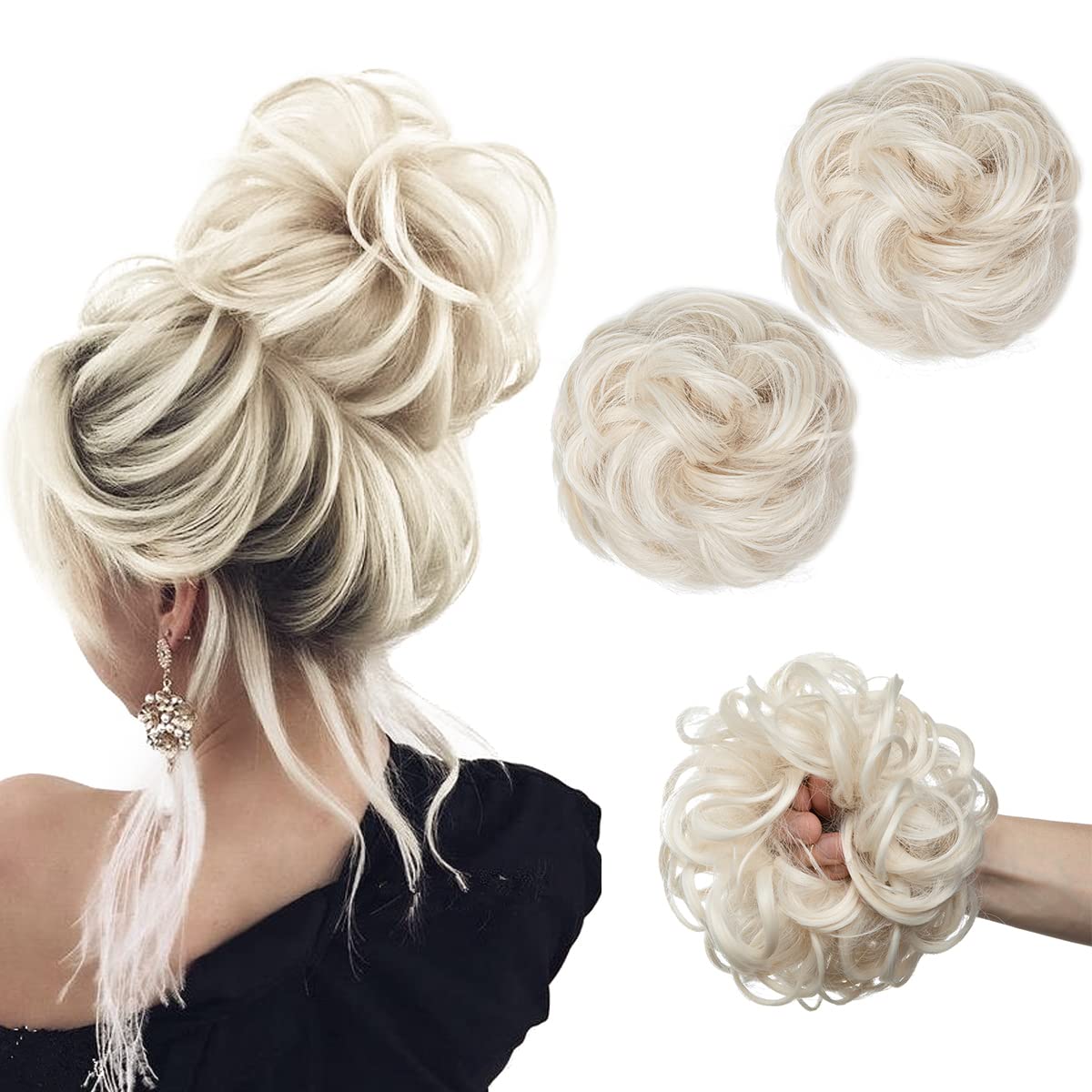 SARLA Updo Messy Bun Hair Piece White Blonde Synthetic Fake Scrunchies Ponytail Extension Wavy Curly for Women Girls 2PCS