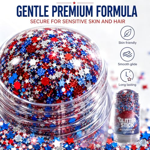 4th of July Red White Blue Glitter Stick, Patriotic Face & Body