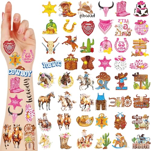 20 Sheets Glitter Western Temporary Tattoos - Cowboy Cowgirl Horse
