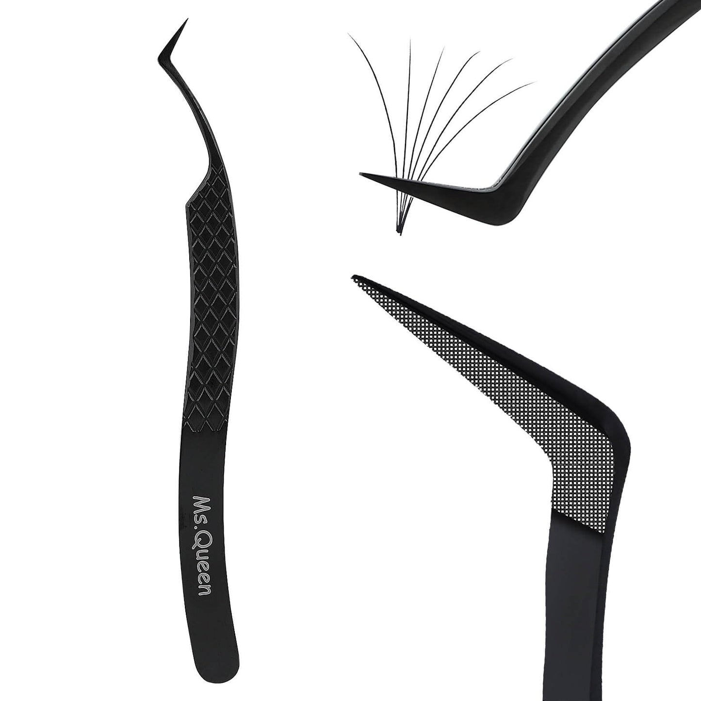 Ms.Queen Tweezers for Eyelash Extensions, Fiber Grip S-Curved Lash Tweezers for Inner Corner,Volume & Classic Lashes,Black