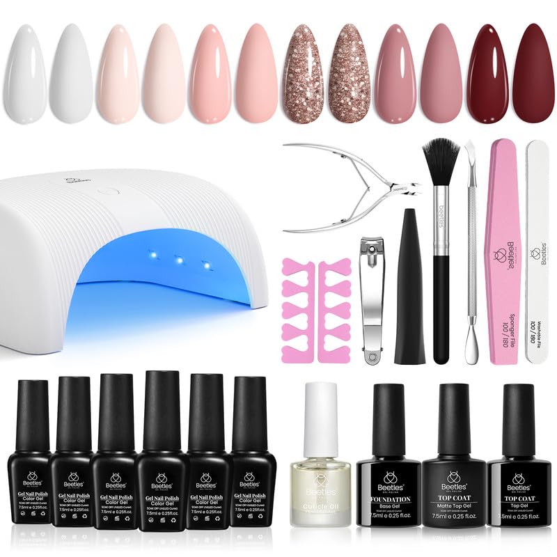 Beetles Gel Nail Polish Kit with Uv Light Starter Kit 6 Colors Soft Pink Nude White Gel with Base Gel Top Coat Cuticle Oils Nail Accessories for Girls Women Glitter Gel Polish Set Gift for Her