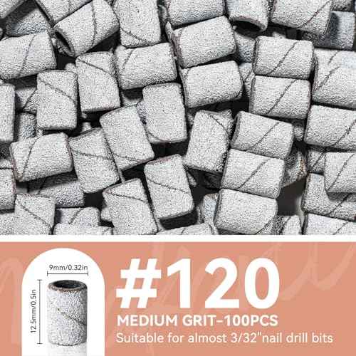 Makartt Sanding Bands for Nail Drill - 100 Pcs Nail File Sanding Bands for Drill Bits #120 Medium Grits for Acrylic Nails Gel Removing and Shaping, Upgrade Thicker Durable Sanding Drill Bit, White