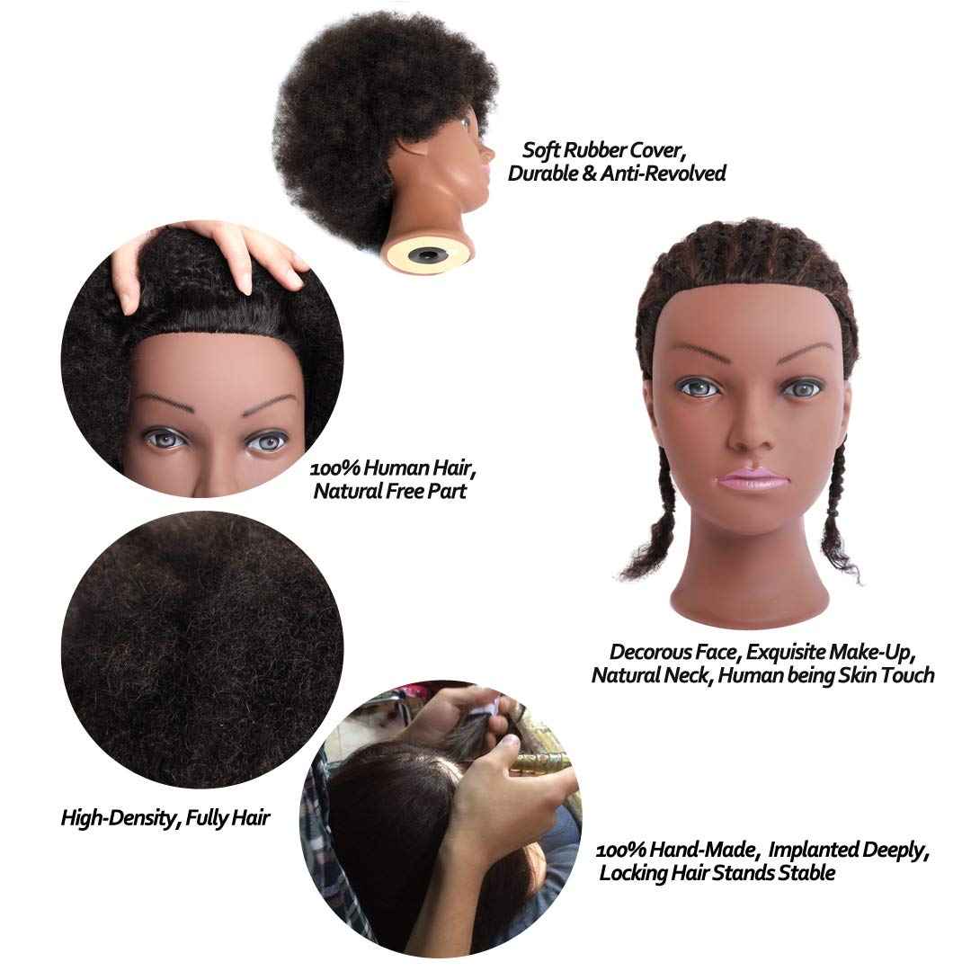 Phamb Afro Mannequin Head with 100% Human Hair for Practice Braiding African American Cosmetology Doll for Hairdresser with Table Clamp Stand (D8A-Black)