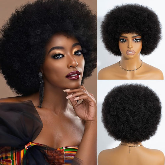 Rebecca Q Afro Human Hair Wigs 70s Short Afro Wig for Black Women Short Kinky Curly Glueless wig with Bangs for Daily Cosplay Party (Black)