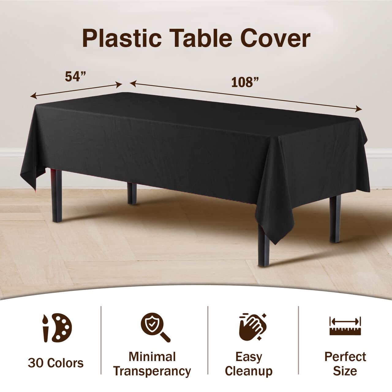 Exquisite 6-Pack Premium Plastic Tablecloth 54in. x 108in. Rectangle Plastic Table Cover - Black