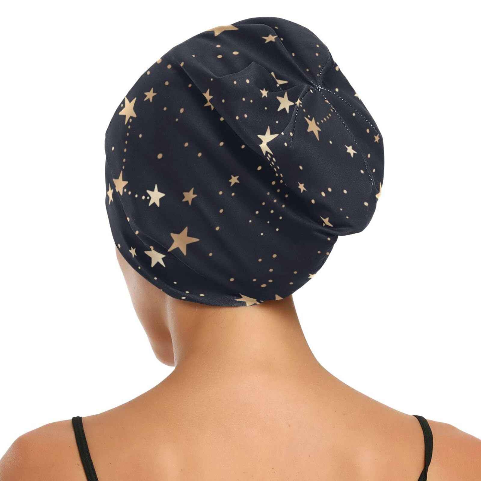 Satin Bonnet Hair Wrap for Sleeping Lined Beanie Sleep Cap for Curly Hair Women Men Gold Stars