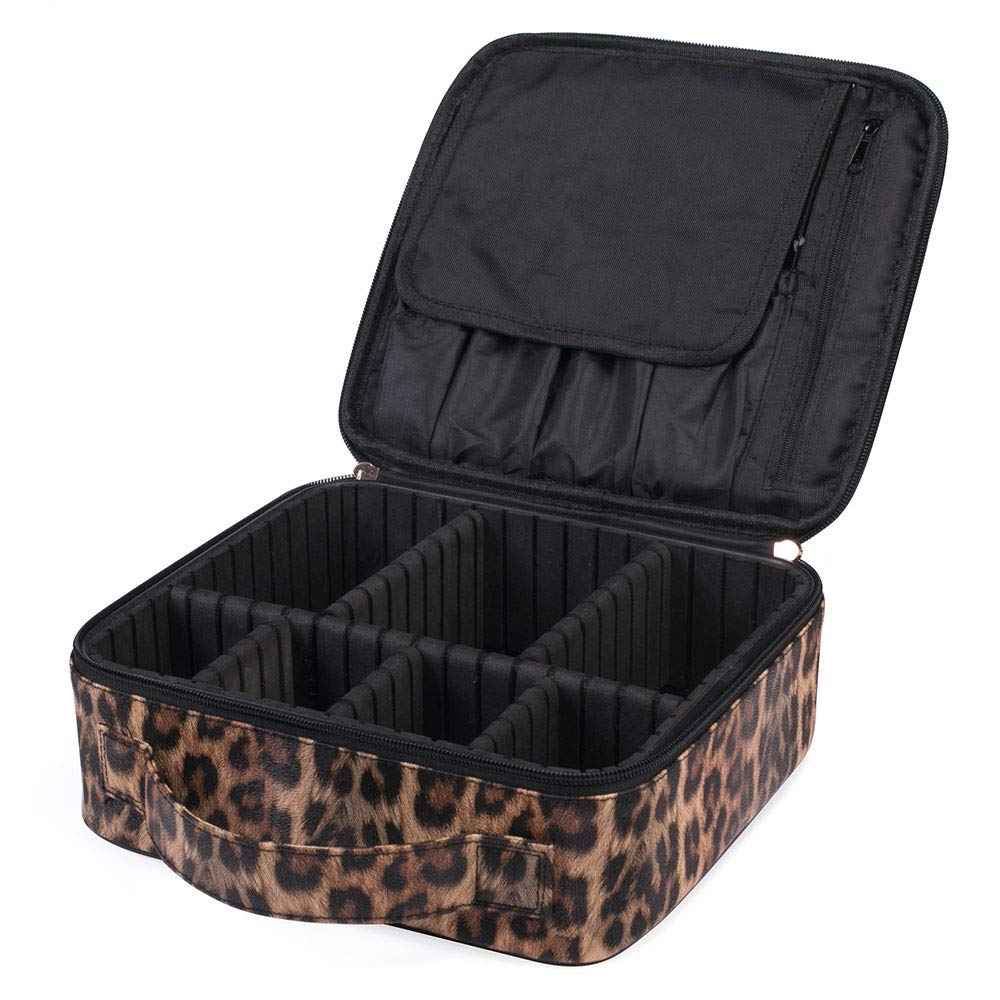 JUER Travel Makeup Train Case with Adjustable Dividers White Marble Makeup Organizer Bag Portable Cosmetic Storage Cases with Brush Holders (Leopard texture)