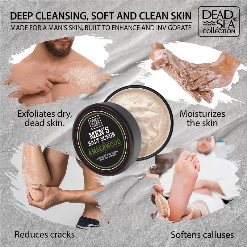 Dead Sea Collection Amber Wood Salt Body Scrub for Men - Large 23.28 OZ - with Pure Oils and Dead Sea Minerals